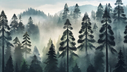 Wall Mural - abstract and geometric shape nature forest full of misty pine trees pc desktop wallpaper background ai generated