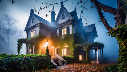 haunted mansion covered with fog night scene creepy house covered with vines halloween concept generative ai