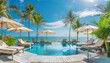 panoramic holiday landscape luxury beach poolside resort hotel swimming pool beach chairs beds umbrellas palm trees relax lifestyle blue sunny sky summer island seaside leisure travel vacation