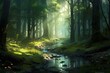 A serene and mysterious forest with a summer ambiance. Generative AI