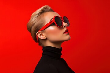 Wall Mural - woman wearing sunglasses looks up at red background