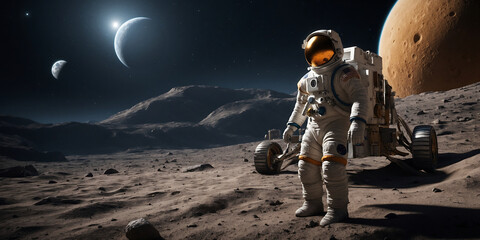 Wall Mural - Astronaut with rover on the surface of the moon, galaxy view, colorful galaxy, wallpaper.