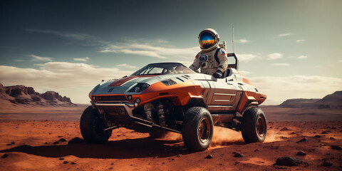 Wall Mural - Astronaut riding quad bike on surface of the mars, galaxy view.
