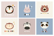 Colorful set with childish prints, vector illustrations with portraits of penguin, bat, bear, owl, zebra, panda