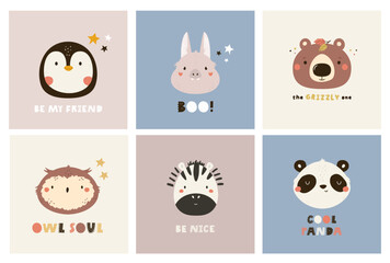 Wall Mural - Colorful set with childish prints, vector illustrations with portraits of penguin, bat, bear, owl, zebra, panda