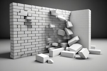 Poster - White brick wall with broken bricks in grey room