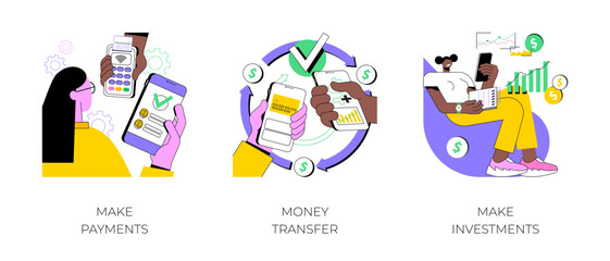 Poster - banking app isolated cartoon vector illustrations set. make digital payments with smartphone, money 