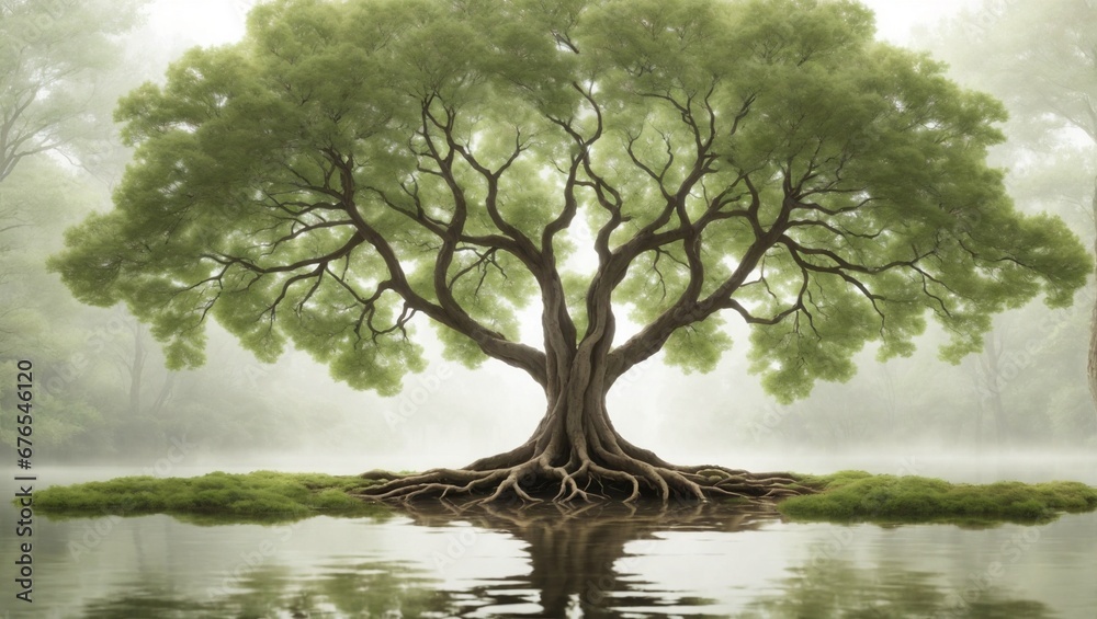 Fantastic giant tree with big branches reflects itself in the water ...