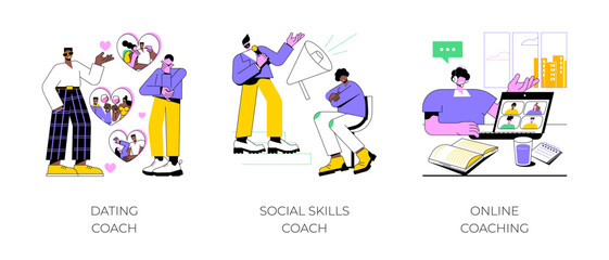 Poster - Personal coaching isolated cartoon vector illustrations set. Confident dating coach talking to shy guy, honing soft skills, improve social life, private online consultancy session vector cartoon.