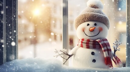 Wall Mural - 
Winter holiday Christmas greeting card background concept. Closeup of a cute and funny laughing snowman with scarf and wool hat peeking out of the window