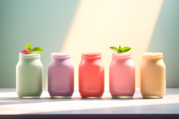 Wall Mural - A lot of different colored smoothies in tall glasses with leaves on them