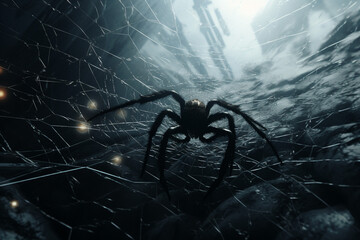 Wall Mural - spider web and the movement of spider, cinematic, photorealistic created with Generative Ai