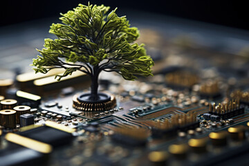 Poster - A tree growing atop a convergence point of a computer circuit board, emphasizing green computing and environmentally conscious technology. Generative Ai.