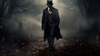 © PaulShlykov - Man in a black top hat and cloak. Demonic image. Magician illusionist. Smoke background