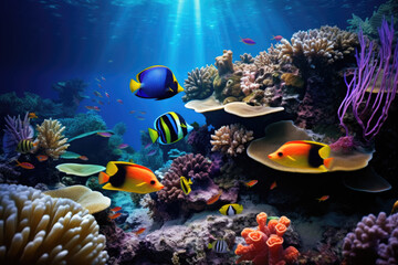 Wall Mural - Split underwater view of tropical sea bottom and sky background