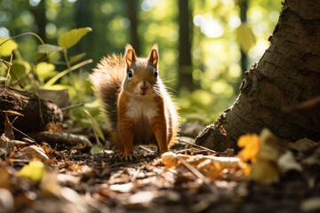 Poster - A curious and playful squirrel foraging for nuts in a sun-dappled forest, exemplifying the endearing antics of wildlife. Generative Ai.