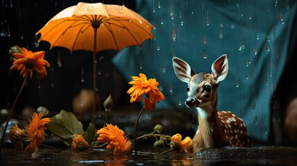 Sticker -  a deer is standing in the water with an umbrella over its head and flowers in the foreground and a blue tarp in the background.  generative ai