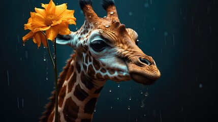 Poster -  a close up of a giraffe with a flower in it's mouth and water droplets on its face.  generative ai