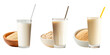 Set of plant-based milks made of millet, oats and sesame seeds over isolated transparent background
