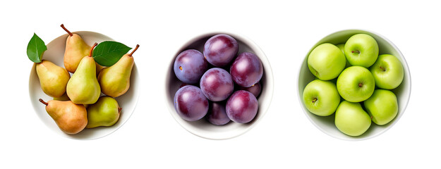 Wall Mural - Top view of three bowls with pears, plums and green apple on isolated transparent background