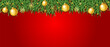 Christmas border with green fir branches, golden balls and snowflakes on red background. Xmas evergreens banner. Vector Christmas tree decoration. Vector EPS 10