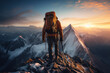 A mountain climber reaching a stunning summit, representing determination and adventure. Generative Ai.