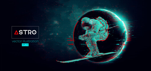 Abstract silhouette of a skiing astronaut in space action and Earth, Mars, planets on the background of the space. The skier man doing a trick. Carving Vector 3d render illustration