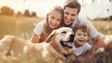 Fototapeta Zwierzęta - Happy family with dog in nature. Camping, travel, hiking.