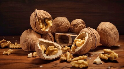 Wall Mural - Walnuts on a wooden table with some walnuts in the background