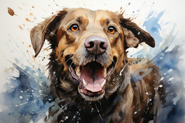 Stunning cute, funny and lovely watercolor style portrait of a Labrador dog with a white background