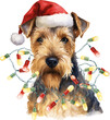 Christmas airedale terrier in santa hat wrapped in christmas lights created with Generative AI technology