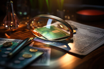Poster - A magnifying glass over the fine print of a credit card agreement, emphasizing the Concept of credit card terms and conditions. Generative Ai.