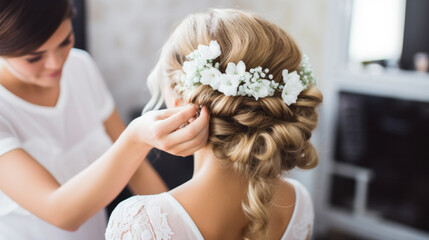 Wall Mural - Bridal wedding hairstyle with jewelry wreath