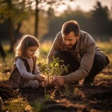Fototapeta Natura - A man and a child plant a tree.
