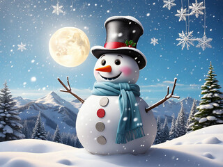 a snowman in a hat and scarf in a forest glade covered with snow