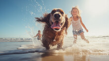  Happy Children With Dog On The Beach. Camping And Travel Concept