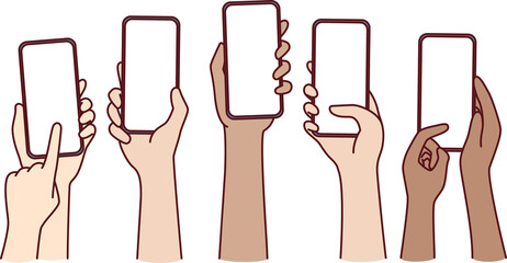 Hands of people with mobile phones with blank screen to show advertising apps or websites