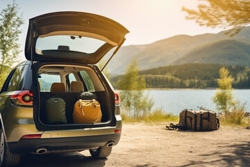 Trunk of suv car loaded with travel luggage, ready for an exciting adventure