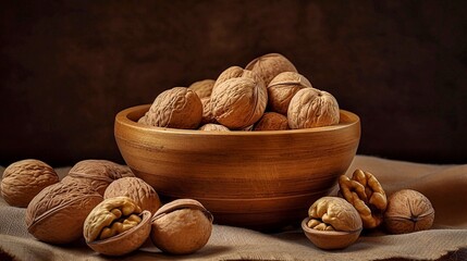 Wall Mural - Walnuts in a wooden bowl on burlap and brown background.