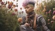 Queer, Gender Fluid, Mixed Race, LGBT Teen Girl Boy with Pink Mohawk in Field of Flowers