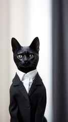 Canvas Print - A black cat dressed in a suit and tie, AI