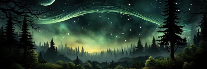 Poster - Fairy winter forest with stars in sky