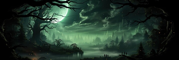 Poster - spooky halloween green forest background 