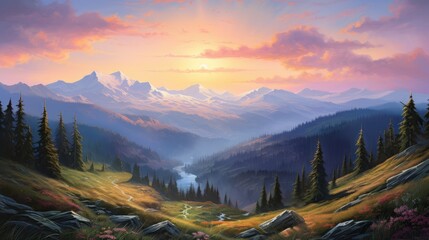 Sticker -  a painting of a beautiful mountain scene with a river in the foreground and a sunset over the mountains in the background.  generative ai