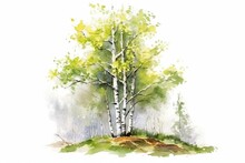 Watercolor Painting Of A Birch Tree With Spring Buds. Isolated Illustration On A White Background. Generative AI