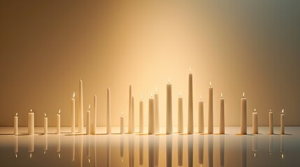 Canvas Print -  a row of white candles sitting on top of a table next to each other on top of a reflective surface.  generative ai