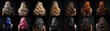 Wavy hair haircut for woman with different hair colour. View from behind on black background. Generative AI
