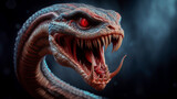 Fototapeta  - Snake fantasy monster with red eyes and sharp teeth