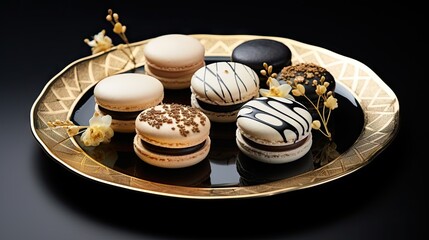 Sticker -  a plate filled with different types of macaroons on top of a black table next to a white flower.  generative ai