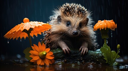 Poster -  a hedgehog sitting in the rain surrounded by orange flowers and daisies on a dark surface with rain drops falling on the ground.  generative ai